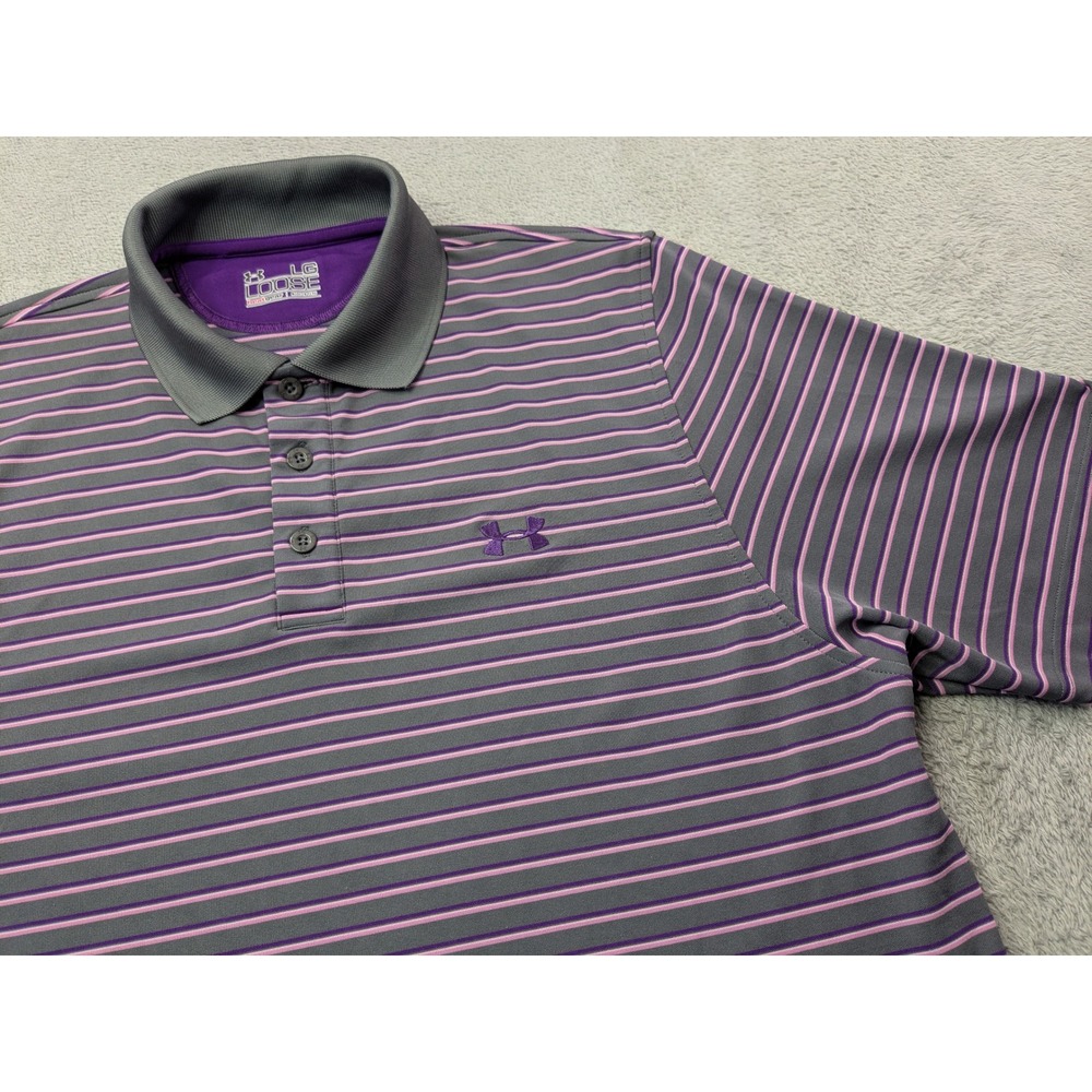 Under Armour HeatGear Men's‎ Large LG Loose Striped Golf Polo Shirt Gray Purple